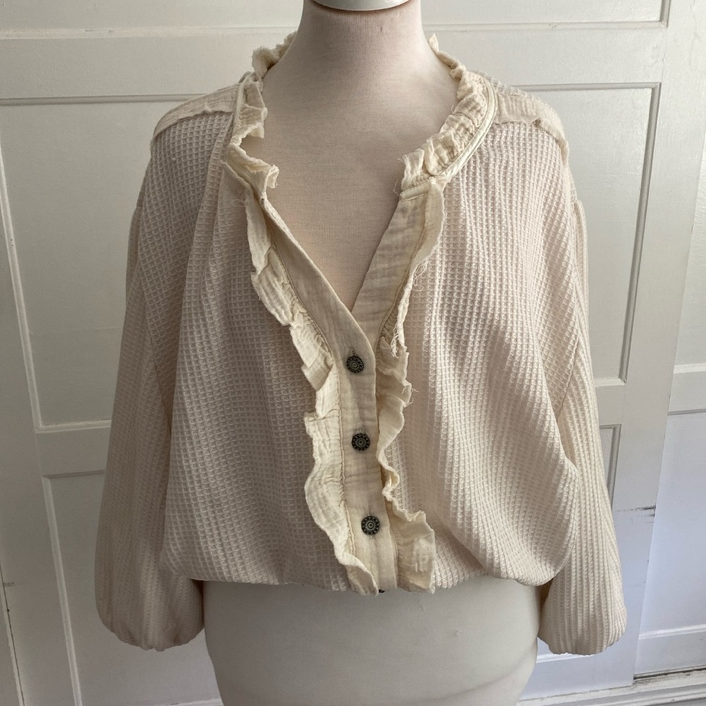 Pol white waffle knit and muslin gauze trim button up cardigan